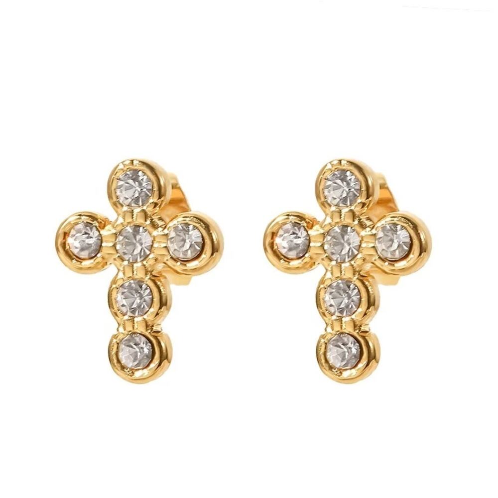 Zircon Cross Stud Earrings 18K Gold Plated Minimalist - Picture 3 of 7